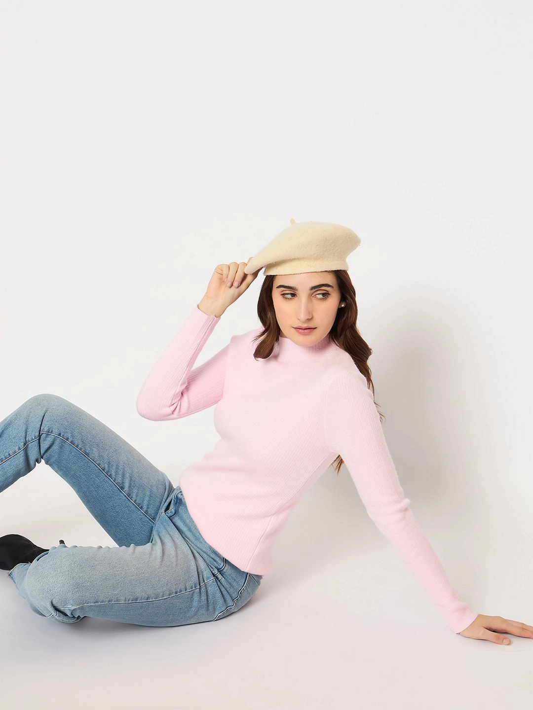 Comfy Waistband Lightweight Layer Madame Turtle Neck Full Sleeve Pink Sweater