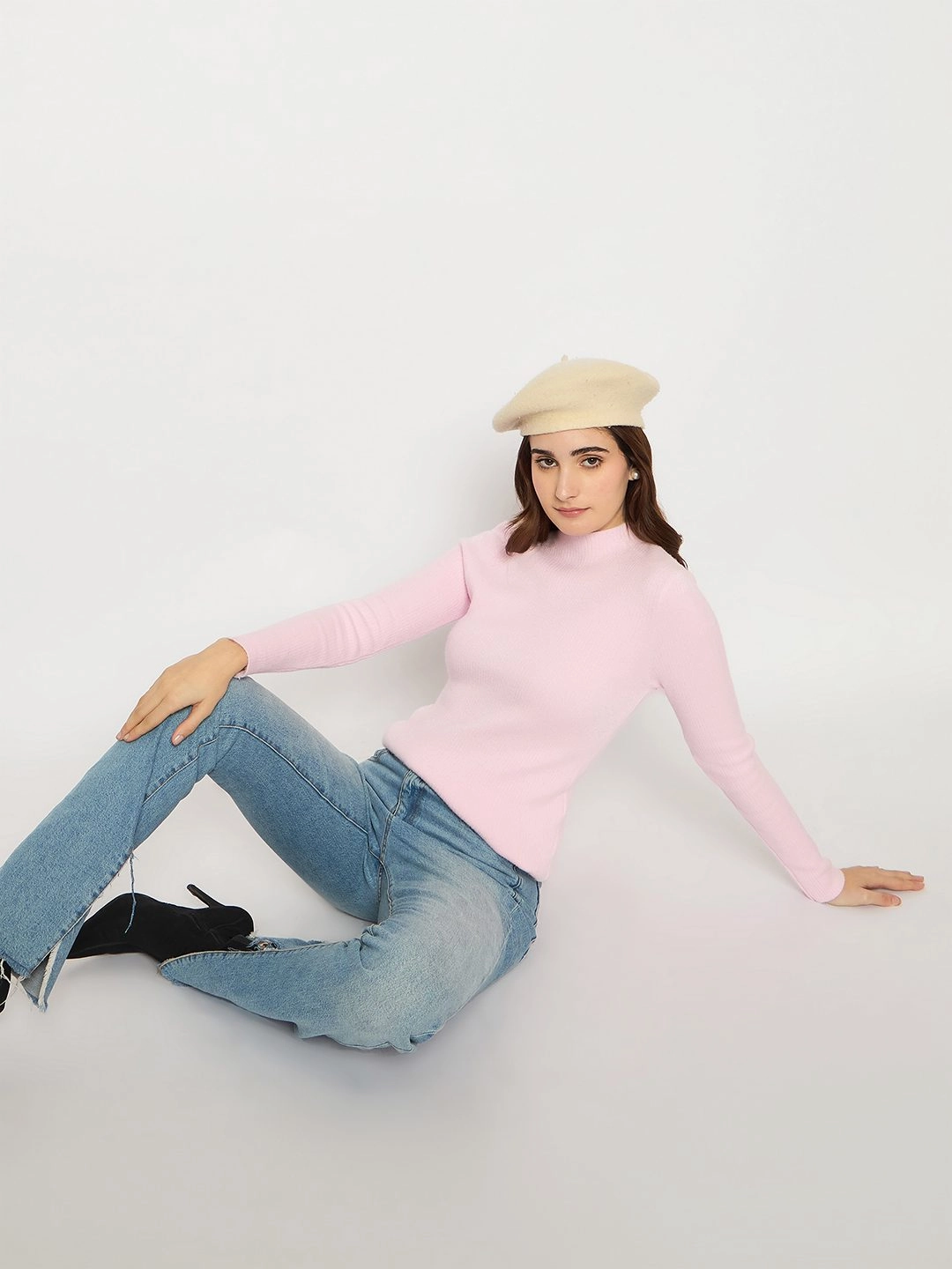 Functional Fashion Adjustable drawstring Madame Turtle Neck Full Sleeve Pink Sweater