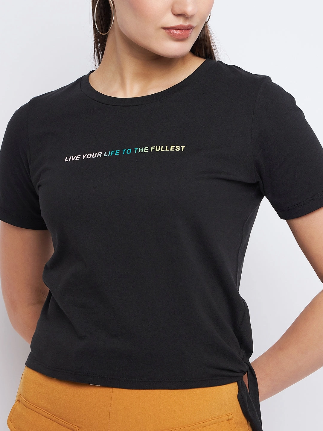 Madame Typography Black Side Knotted Top Elegant Look