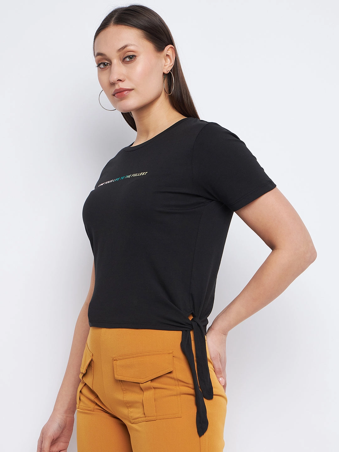 Madame Typography Black Side Knotted Top Circular Knit Technology Moisture Control Technology