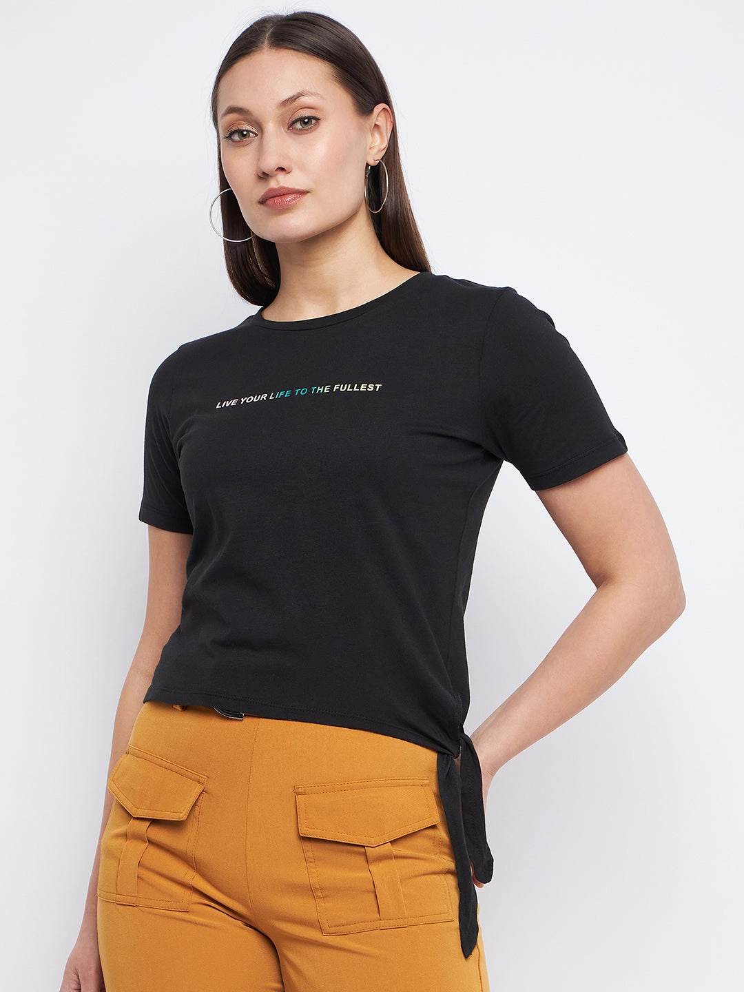 Placket Detailing MultipanelLayout Madame Typography Black Side Knotted Top