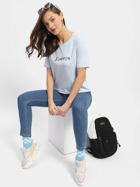 Madame Typography Ice Blue Regular T-Shirt Taped Neckline QuickDryTechnology