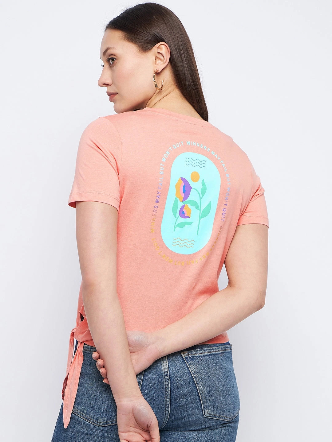 Madame Typography Peach Side Knotted Top Lightweight Knit NonIrritating Seams
