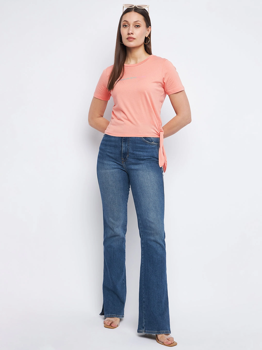 Madame Typography Peach Side Knotted Top Cozy Blouse