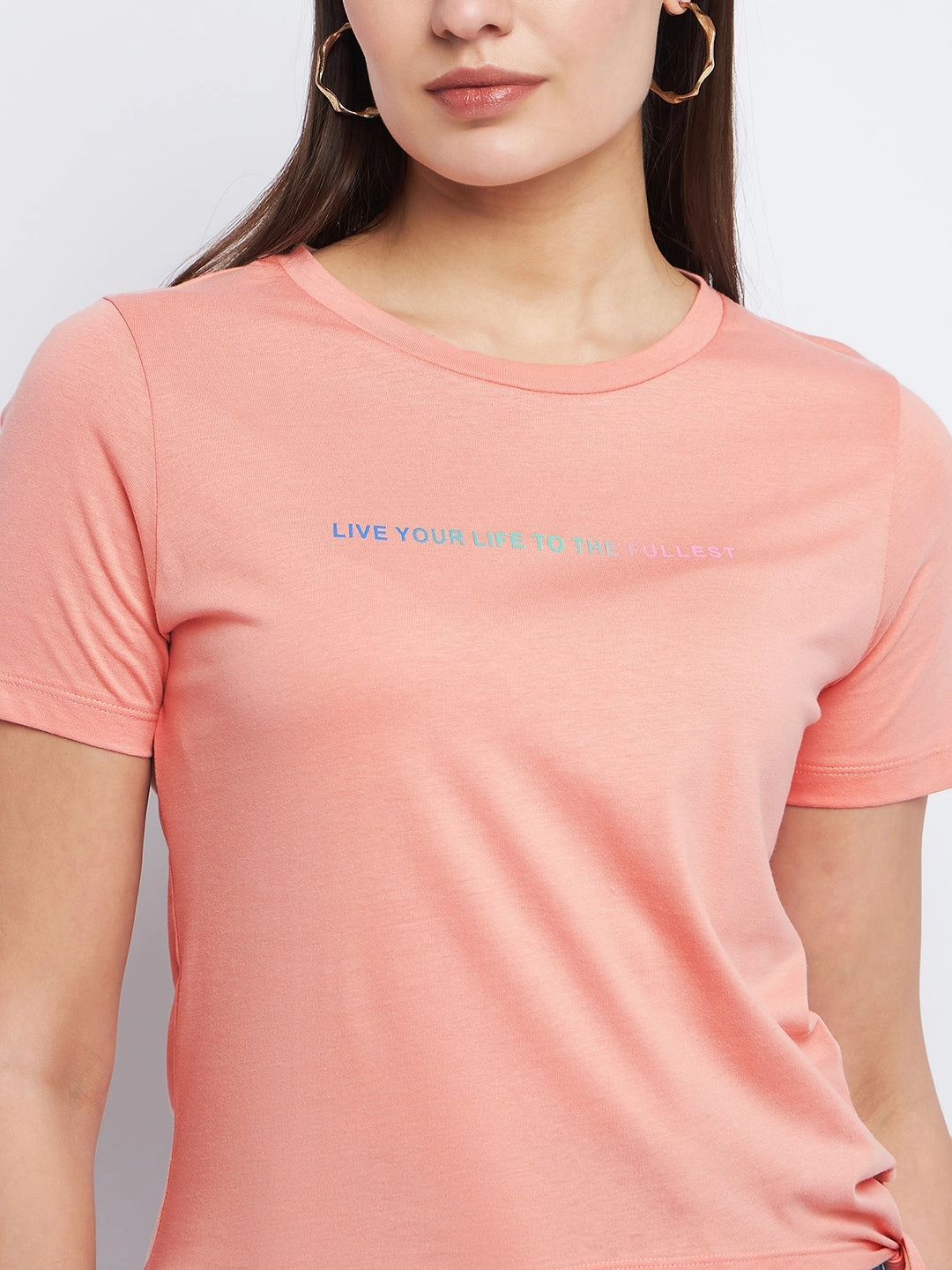 Madame Typography Peach Side Knotted Top FlexFoamInserts Antimicrobial Finish