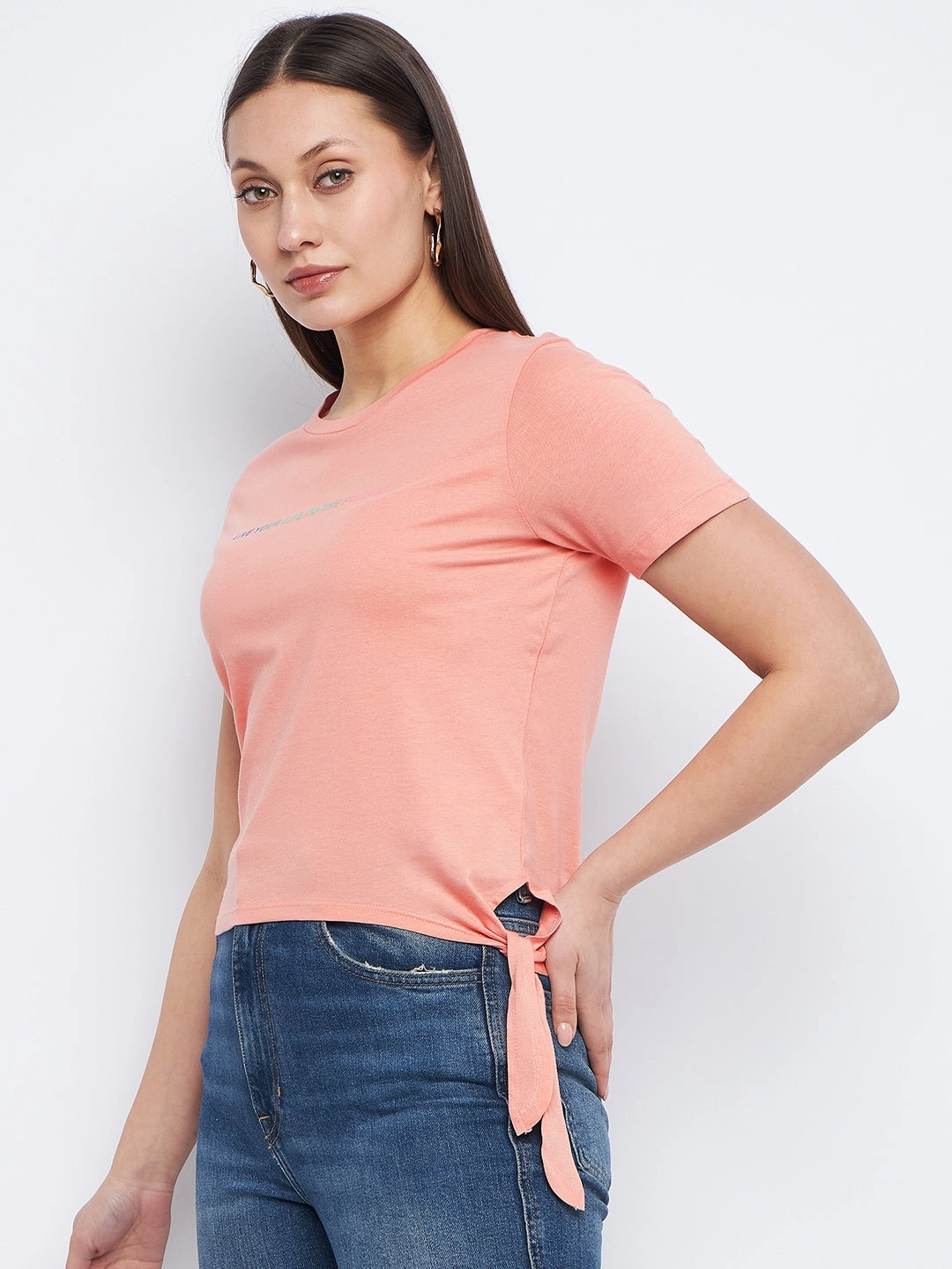 Madame Typography Peach Side Knotted Top Oversized Collar
