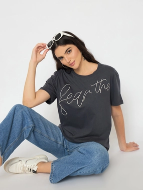 Madame Typography Print Charcoal Black Cotton T-shirt LightweightBlend Casual Essentials