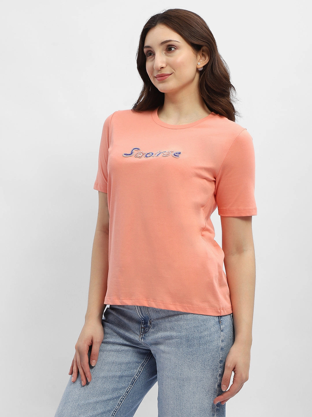Quick Change Anti Static Fabric Madame Typography Salmon Cotton T-Shirt