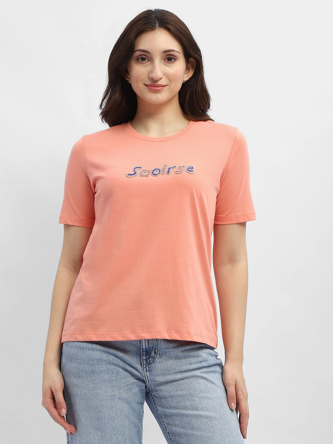 Boat neck style Microfiber texture Madame Typography Salmon Cotton T-Shirt