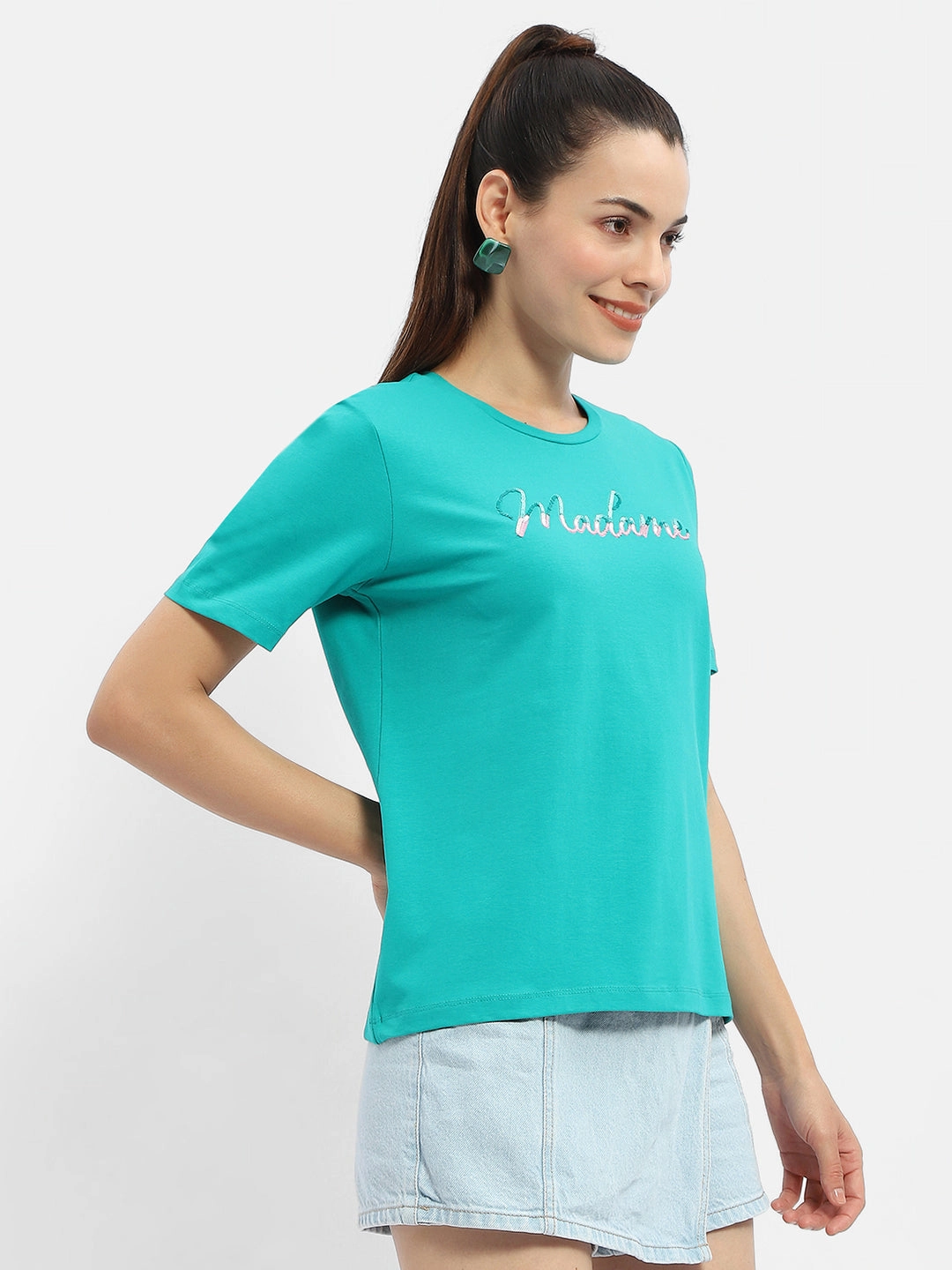 Madame Typography Sea Green Crew Neck T-Shirt Soft Layer Perfect Comfort Wear