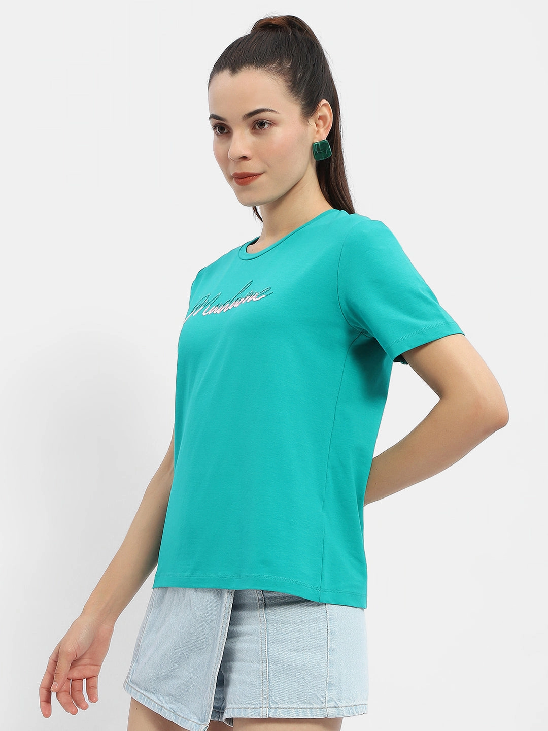 Chic Cut Washable Madame Typography Sea Green Crew Neck T-Shirt