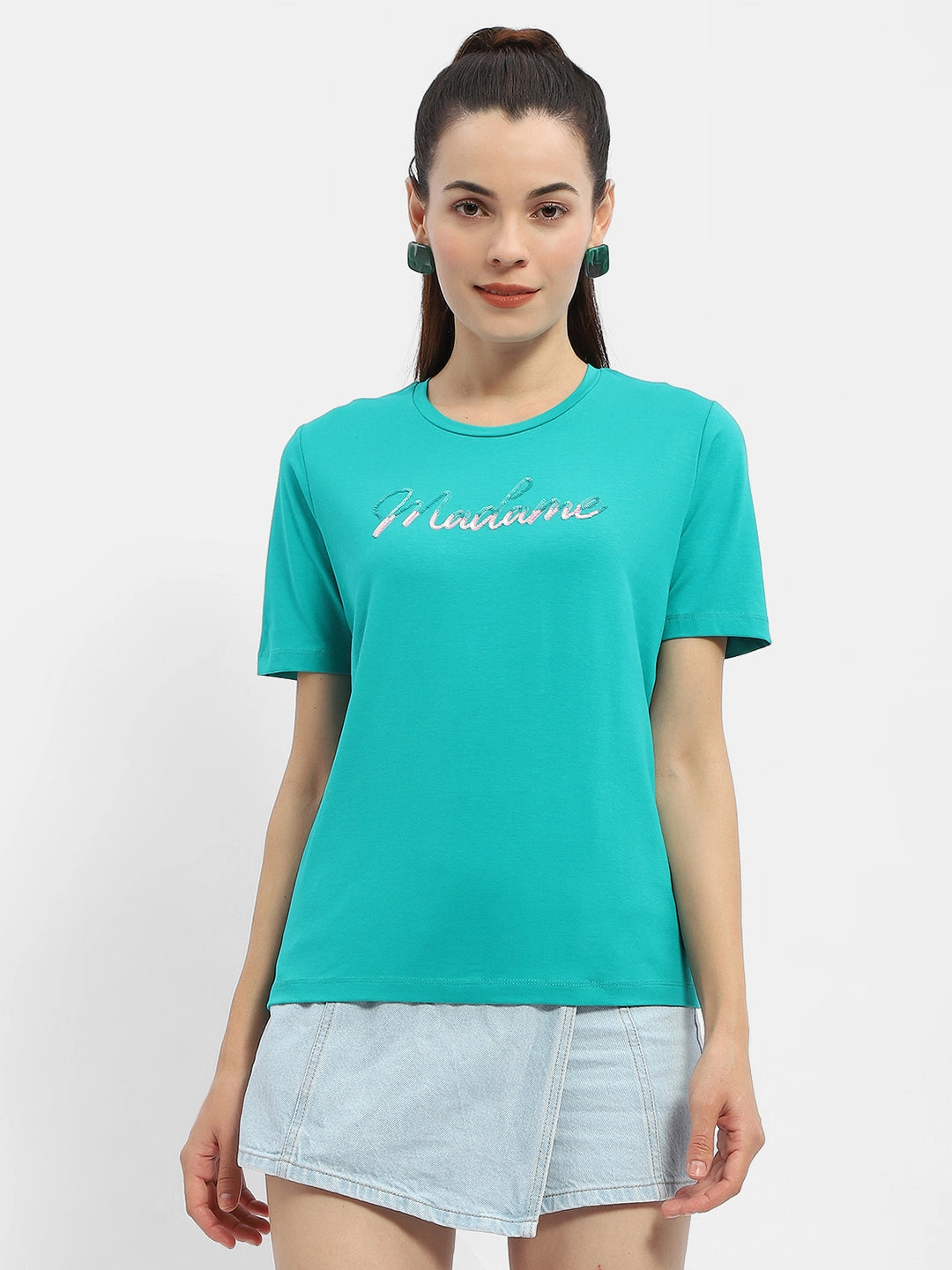 Madame Typography Sea Green Crew Neck T-Shirt Adjustable Fit Distressed Hem Finish