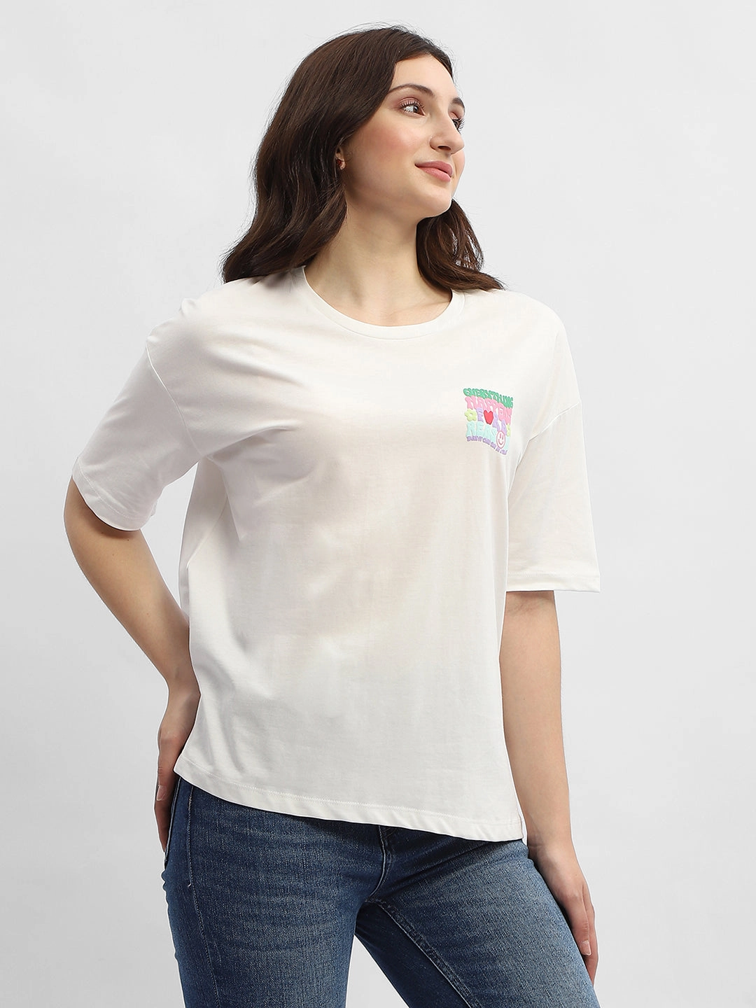SoftenedNeckline Madame Typography White Cotton T-Shirt