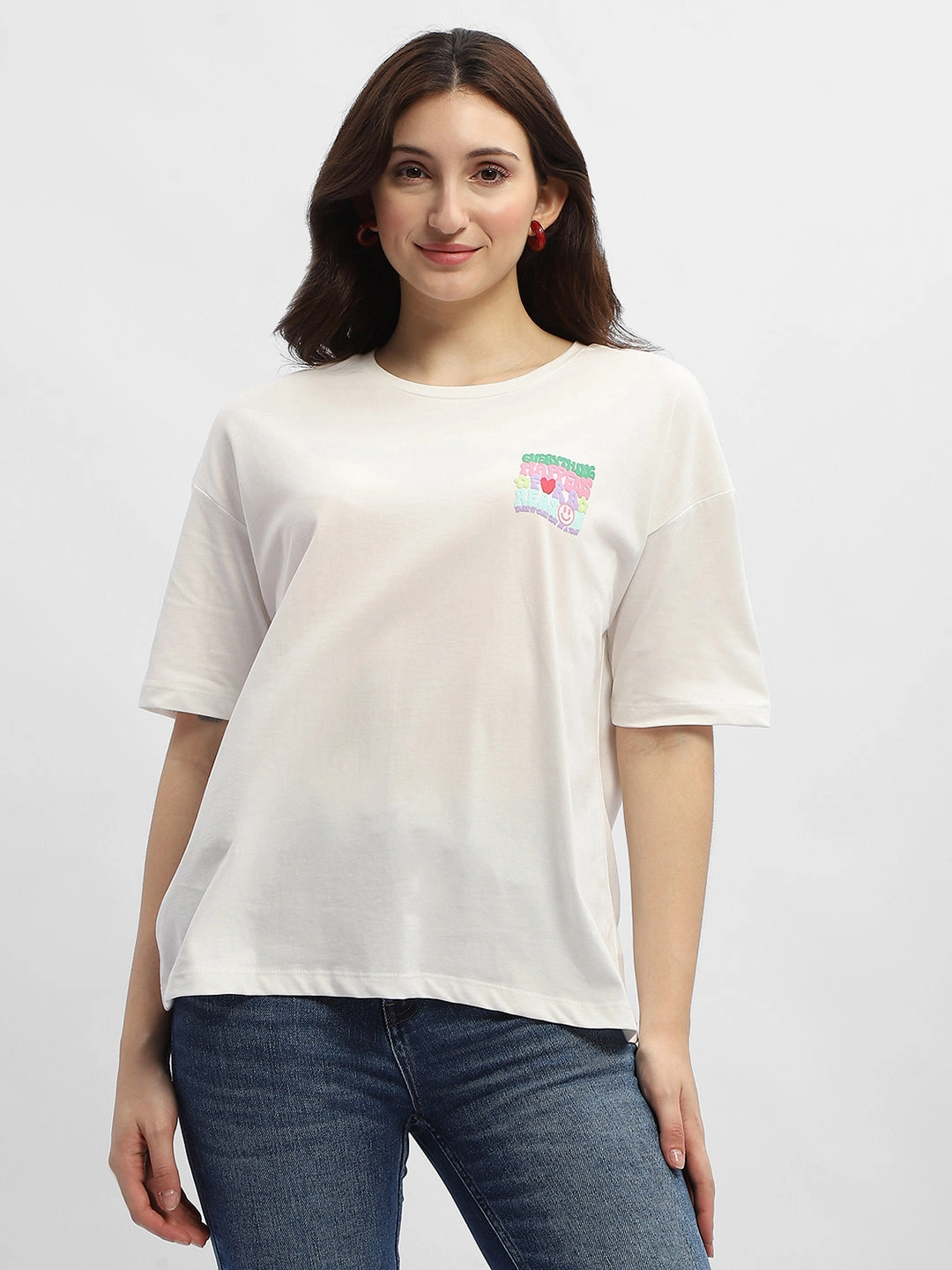 Madame Typography White Cotton T-Shirt Oversized Silhouette SlimFit