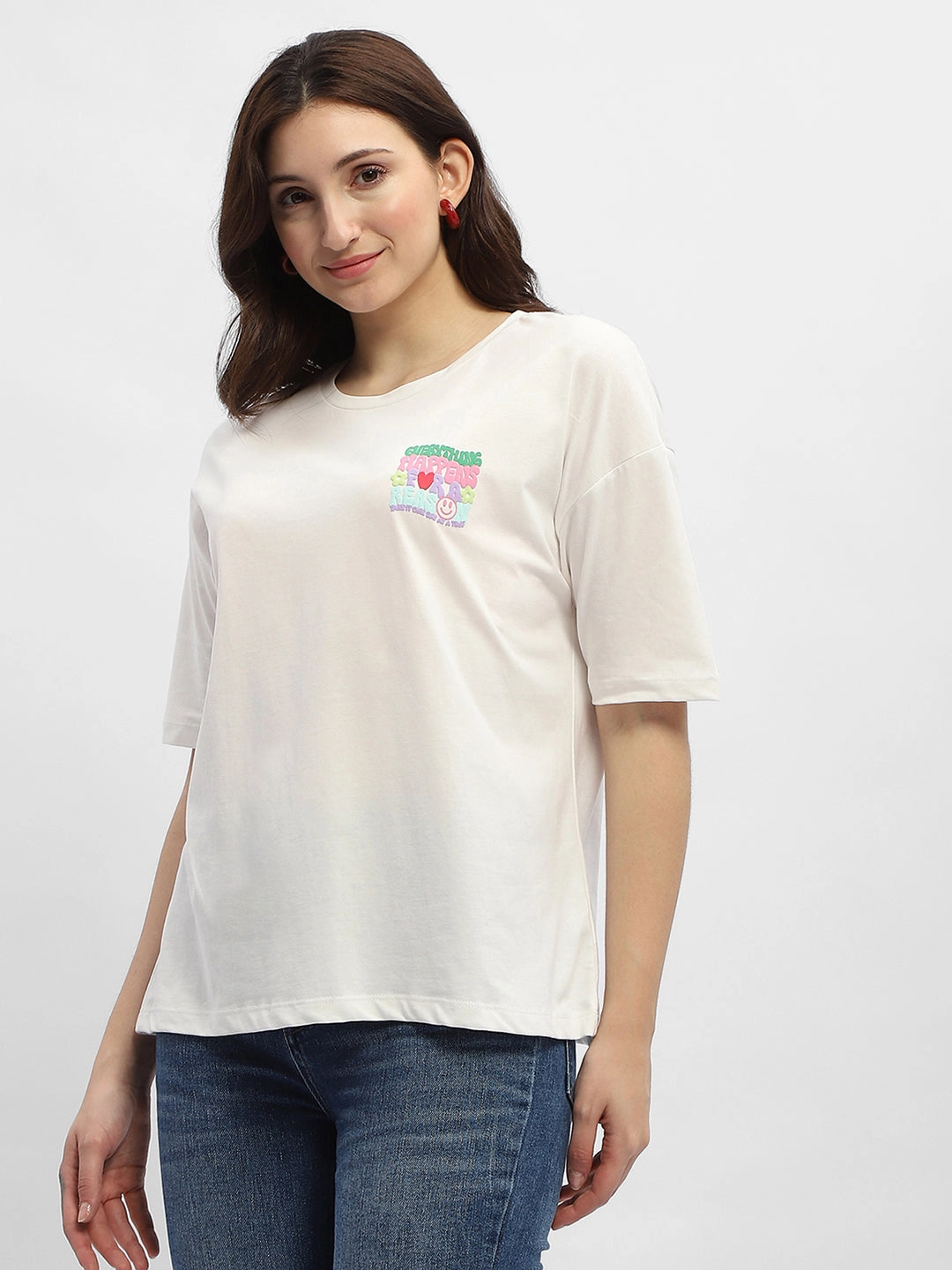 Flexible Waist Madame Typography White Cotton T-Shirt