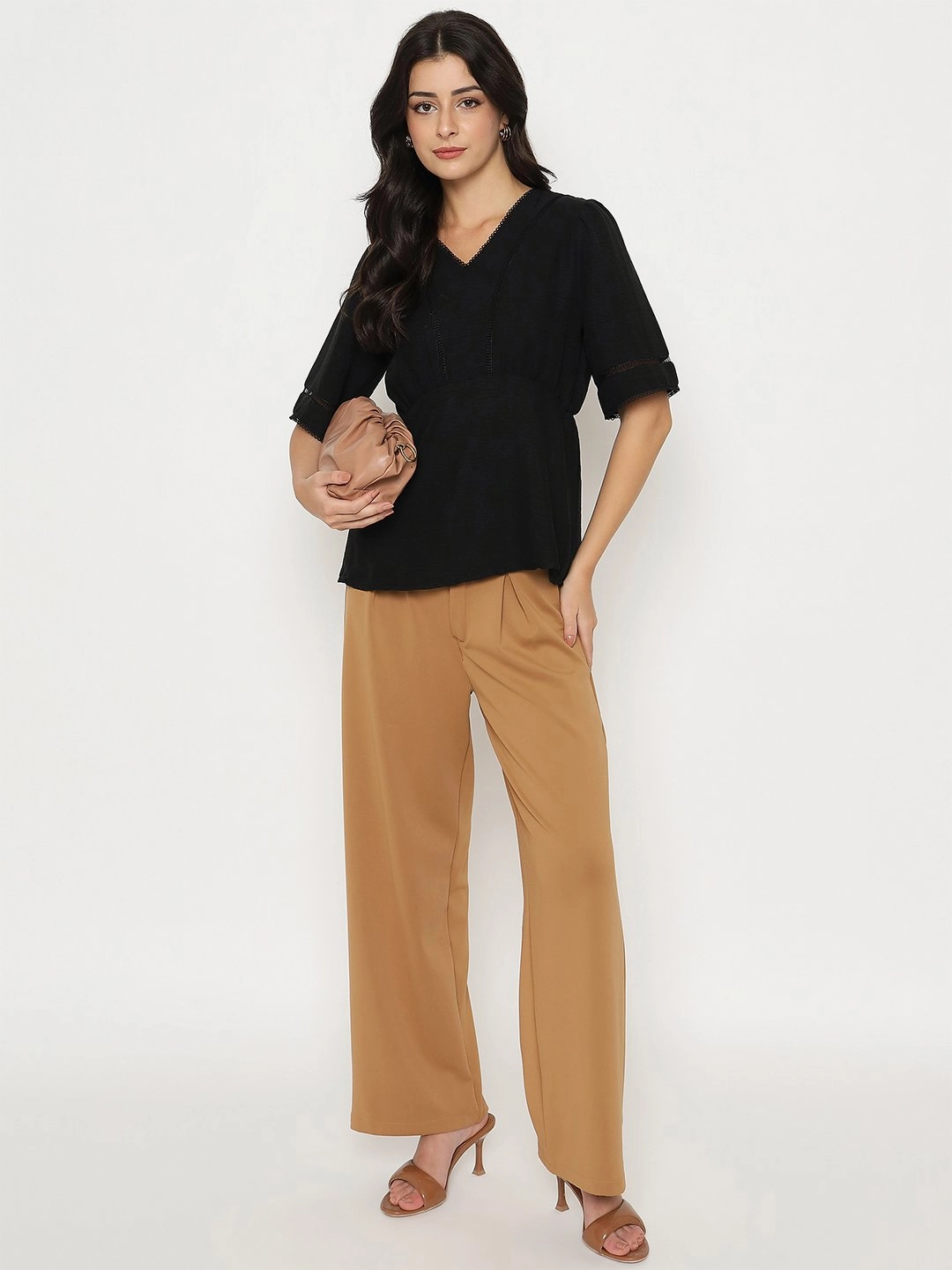 Ultrasoft Inner Lining TwoToneEffect Madame V Neck Black Peplum Top