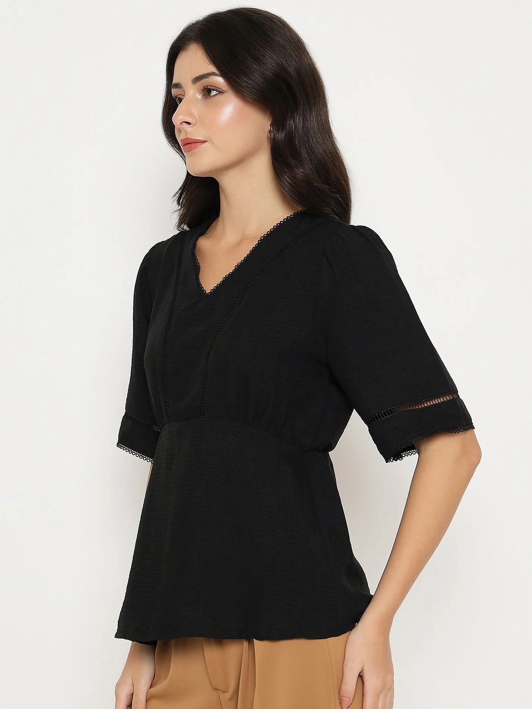 Madame V Neck Black Peplum Top Tear Resistant Reinforcement