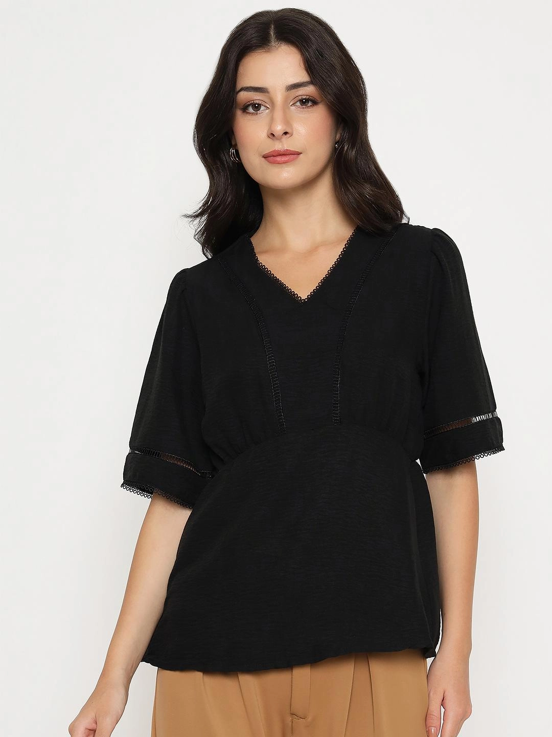 Gym Wear Metallic Fiber Blend Madame V Neck Black Peplum Top