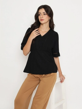 Madame V Neck Black Peplum Top FlexFoamInserts FlexibleElasticatedEdging