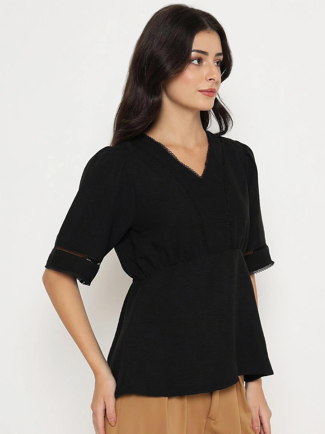 Madame V Neck Black Peplum Top Seamless Design