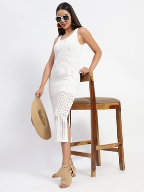 Mermaid-Hem Tailored Piece Madame V Neck Crochet Off White Knitted Dress