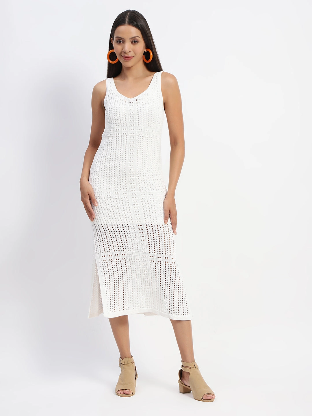 Heart Glow Neutral Form Madame V Neck Crochet Off White Knitted Dress