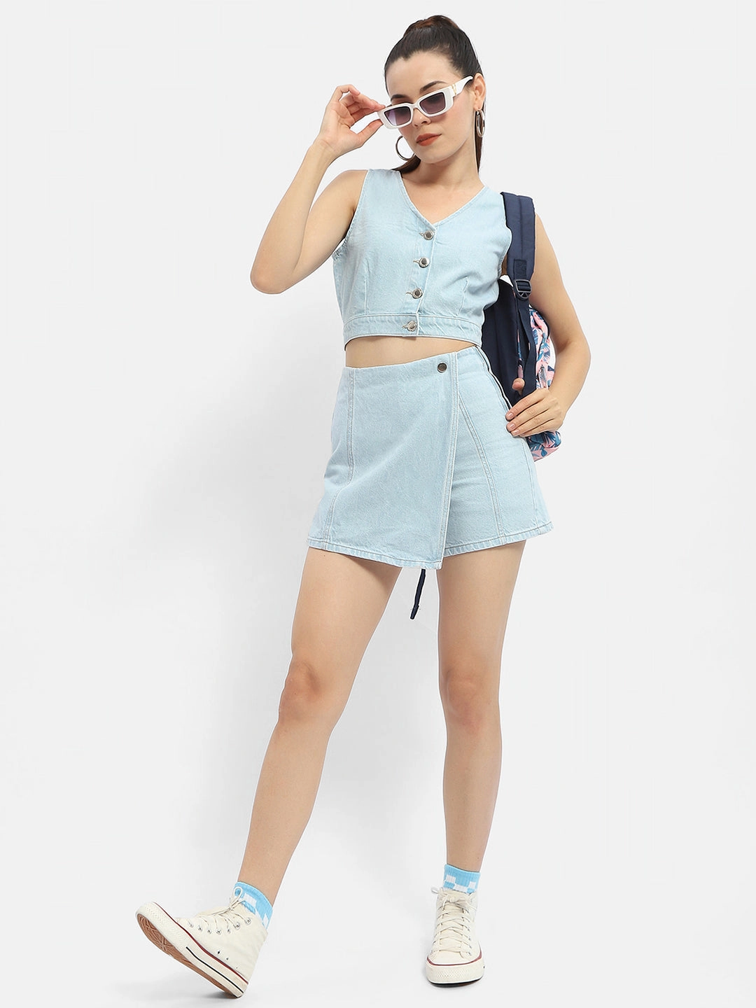 Madame V-Neck Light Blue Denim Crop Top Adjustable drawstring FlexFit Technology