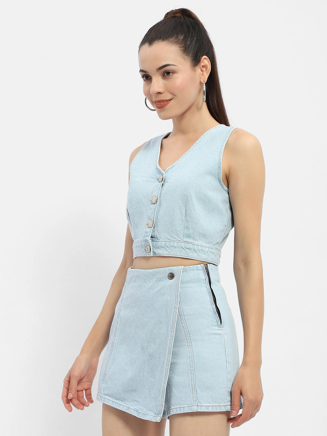 Madame V-Neck Light Blue Denim Crop Top CompressionSupportWeave