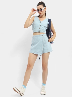 Active Blouse Stay Cool Technology Madame V-Neck Light Blue Denim Crop Top