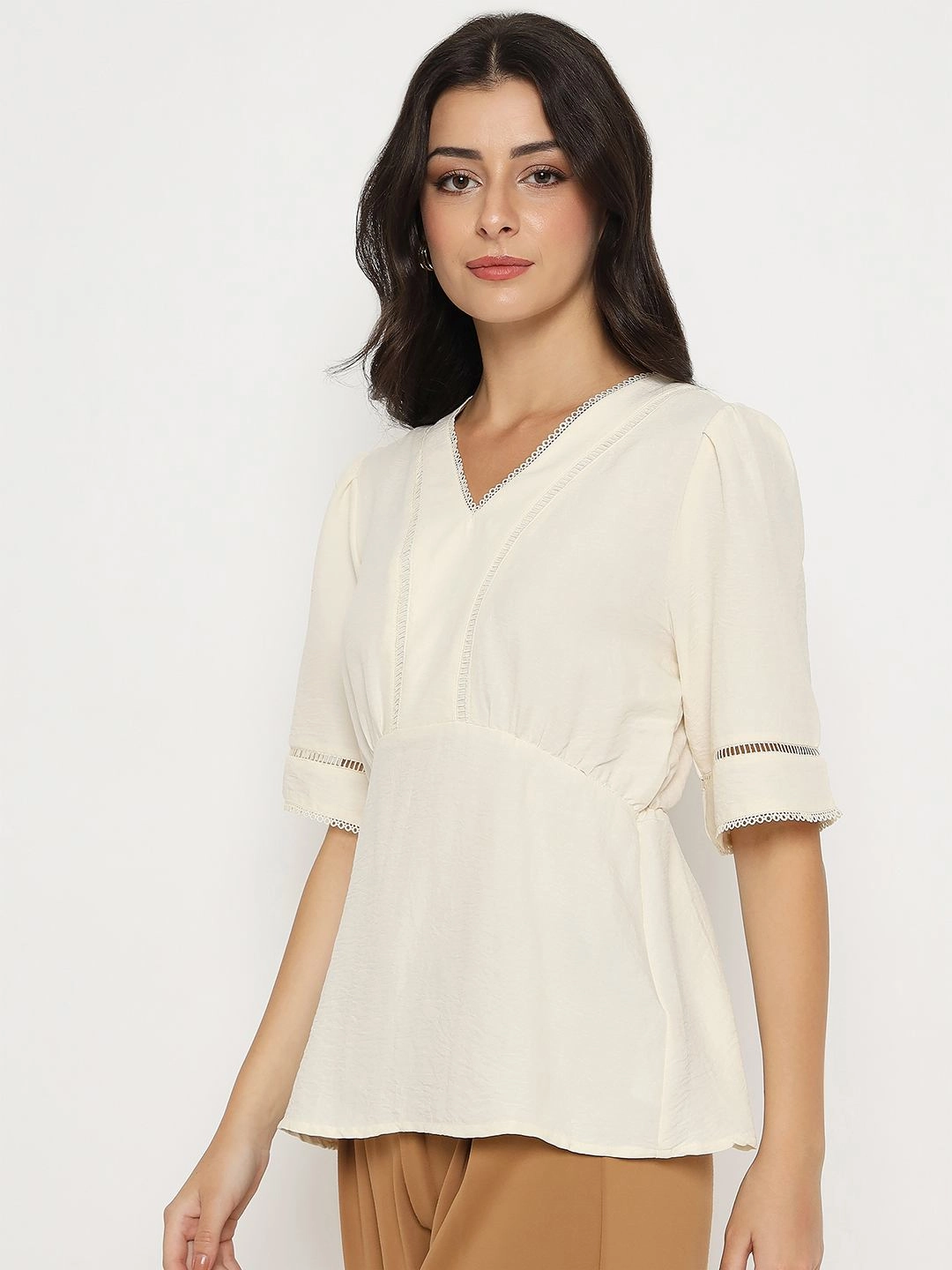 Madame V Neck Off White Peplum Top Tagless Neckline Design