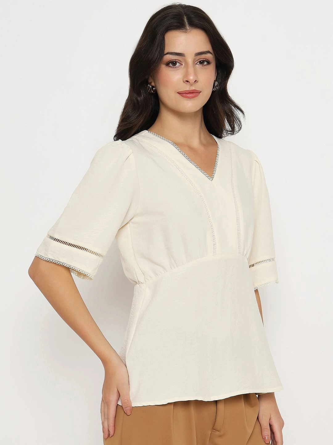 Breathable Design summer look Madame V Neck Off White Peplum Top