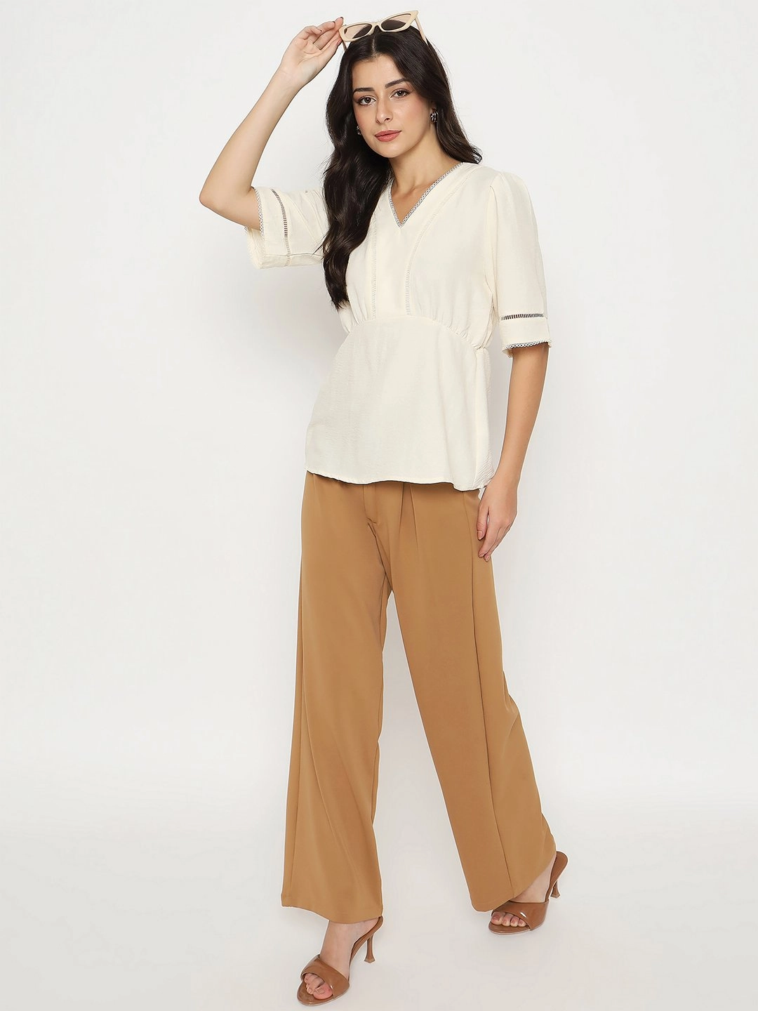 Madame V Neck Off White Peplum Top FrenchTerryTexture NonScratchyLining