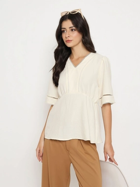 Madame V Neck Off White Peplum Top Thermal Insulation Asymmetrical hem