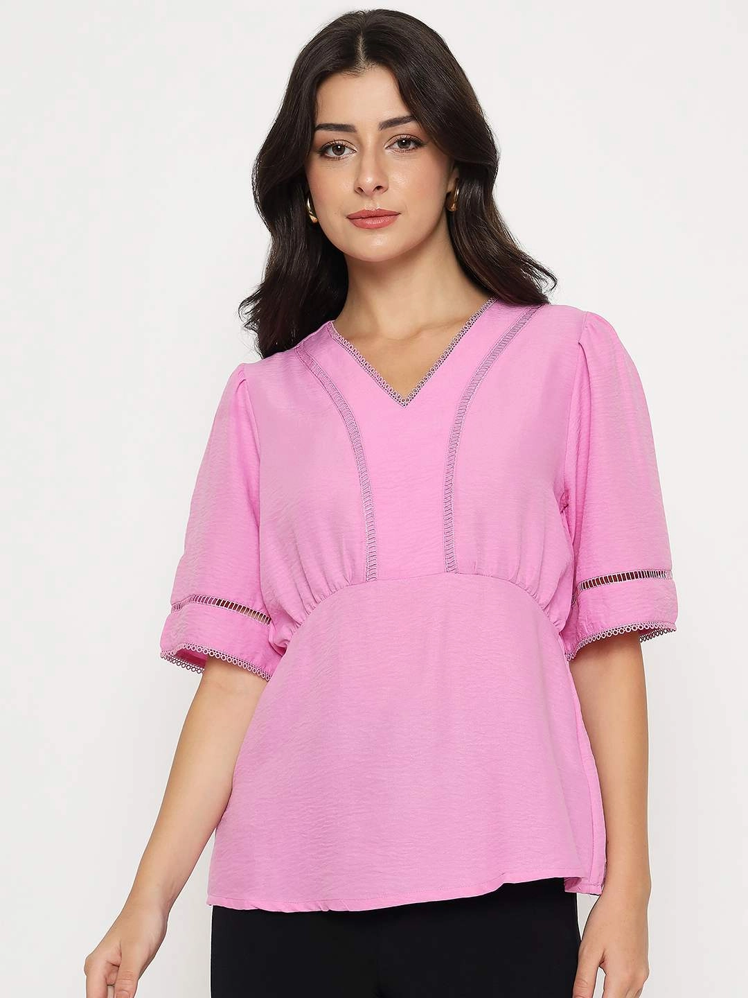 Madame V Neck Pink Peplum Top Flexible Cuffs