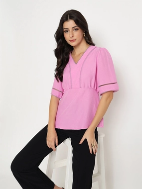 LayeredCollar Madame V Neck Pink Peplum Top