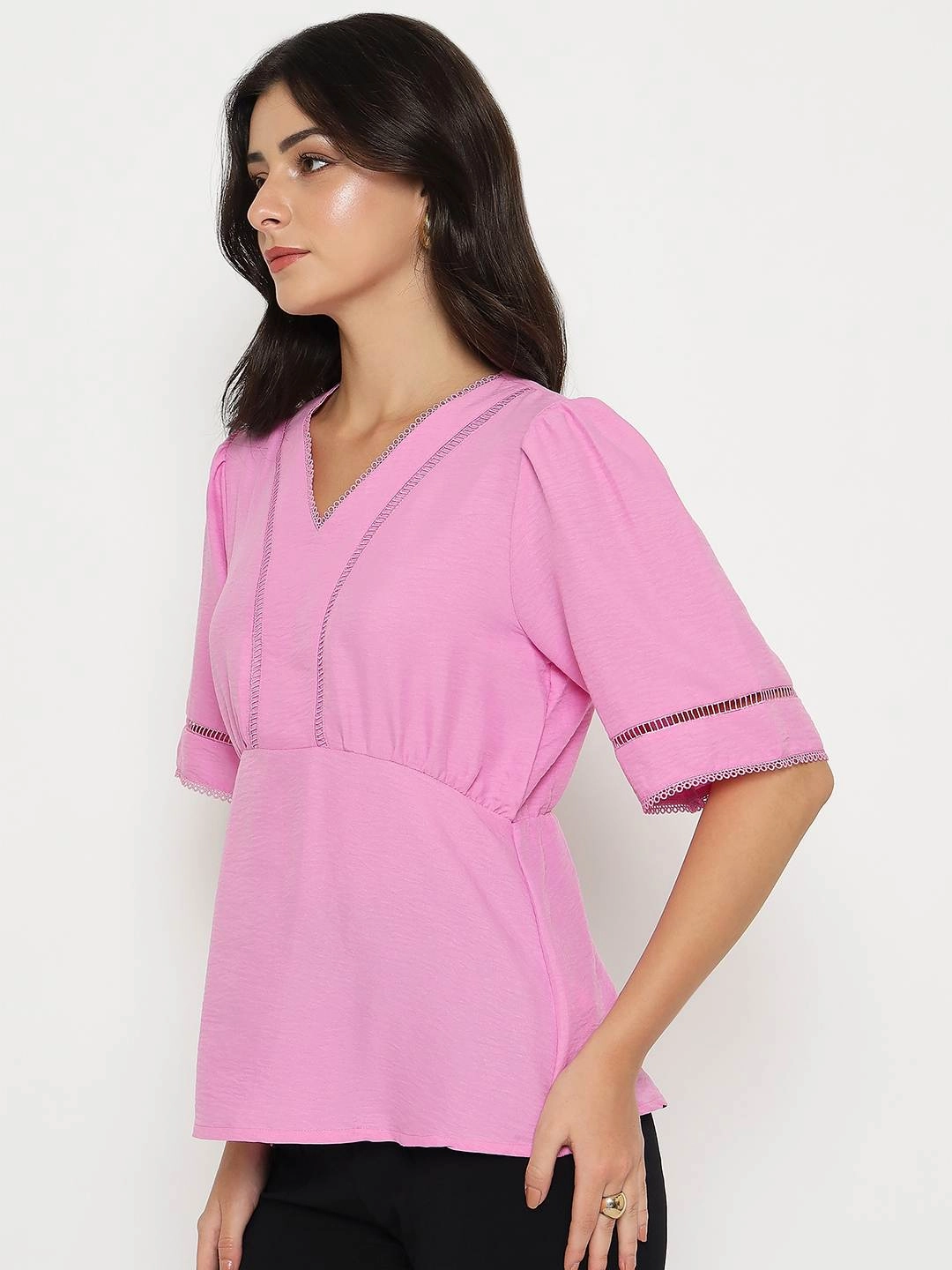 Wrinkle Resistant Finish Madame V Neck Pink Peplum Top