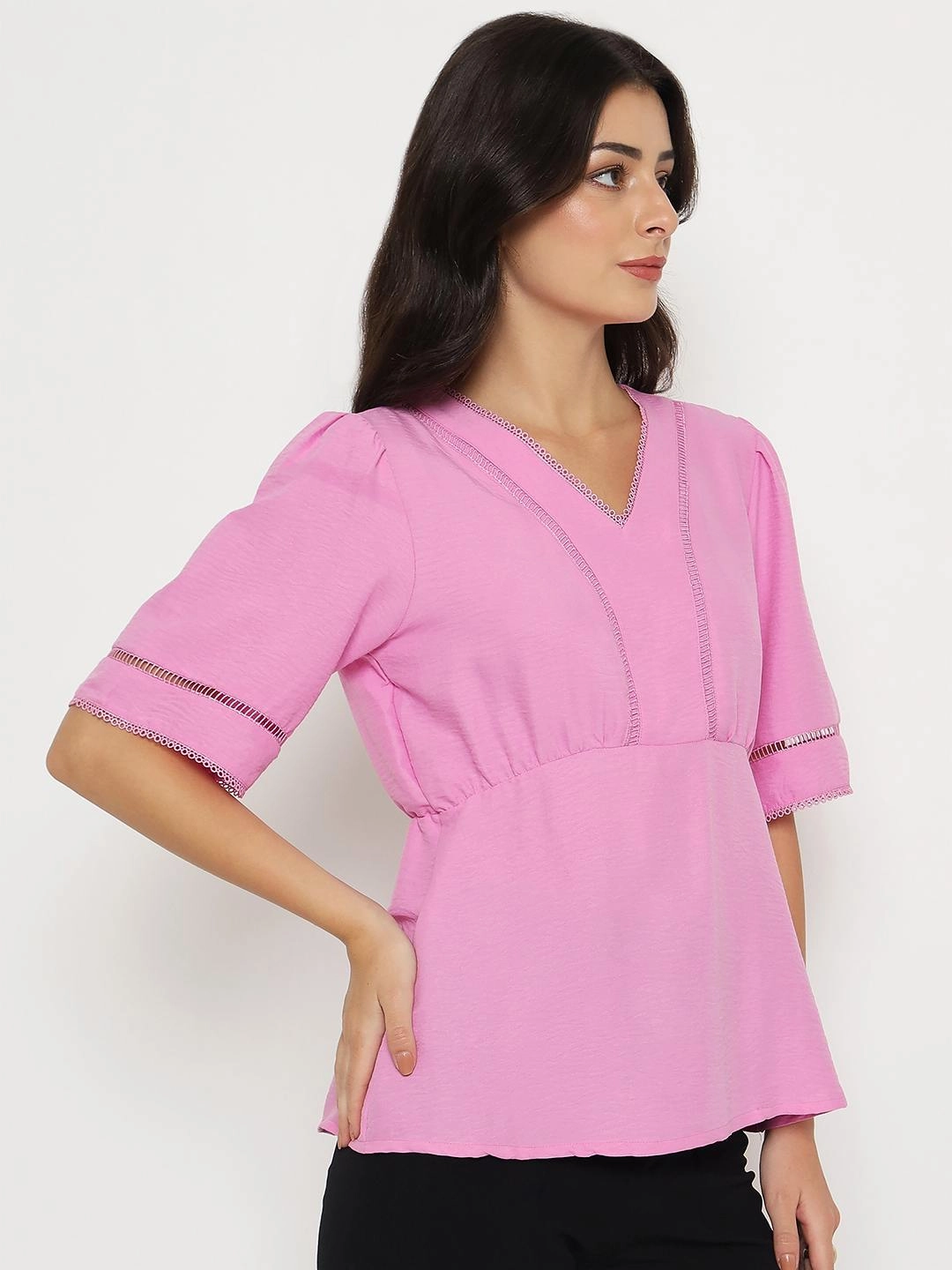 RelaxedNeckline Madame V Neck Pink Peplum Top