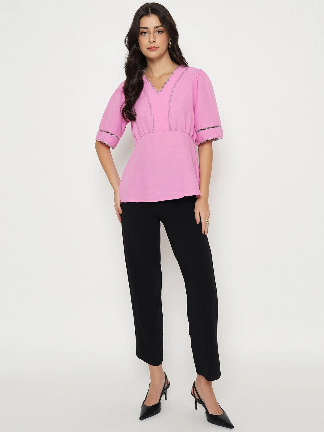 Madame V Neck Pink Peplum Top SustainableBlend Hidden Pocket