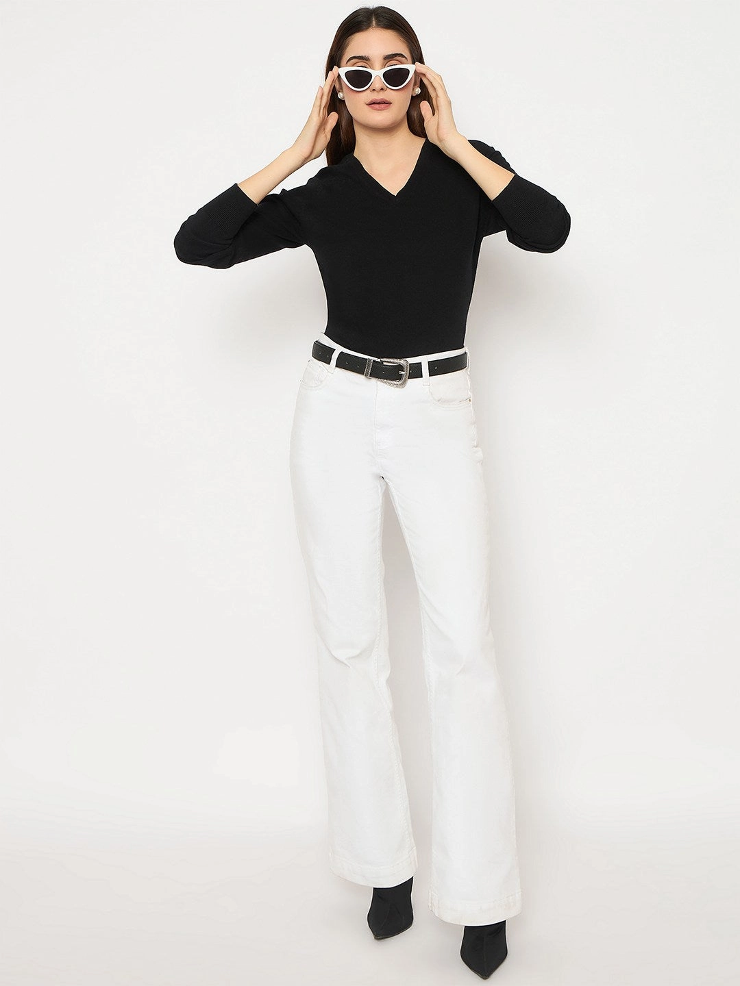 Lightweight Merino Madame V Neck Skinny Fit Black Sweater