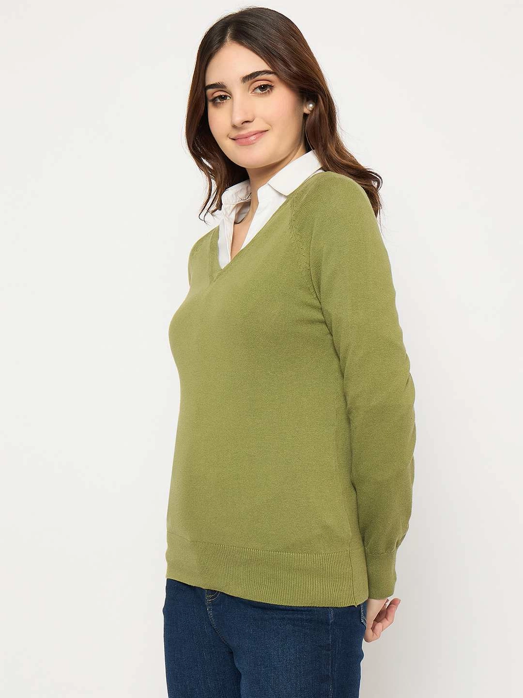 Eco Friendly Yarn Blend Winter Layering Look Madame V Neck Skinny Fit Olive Sweater
