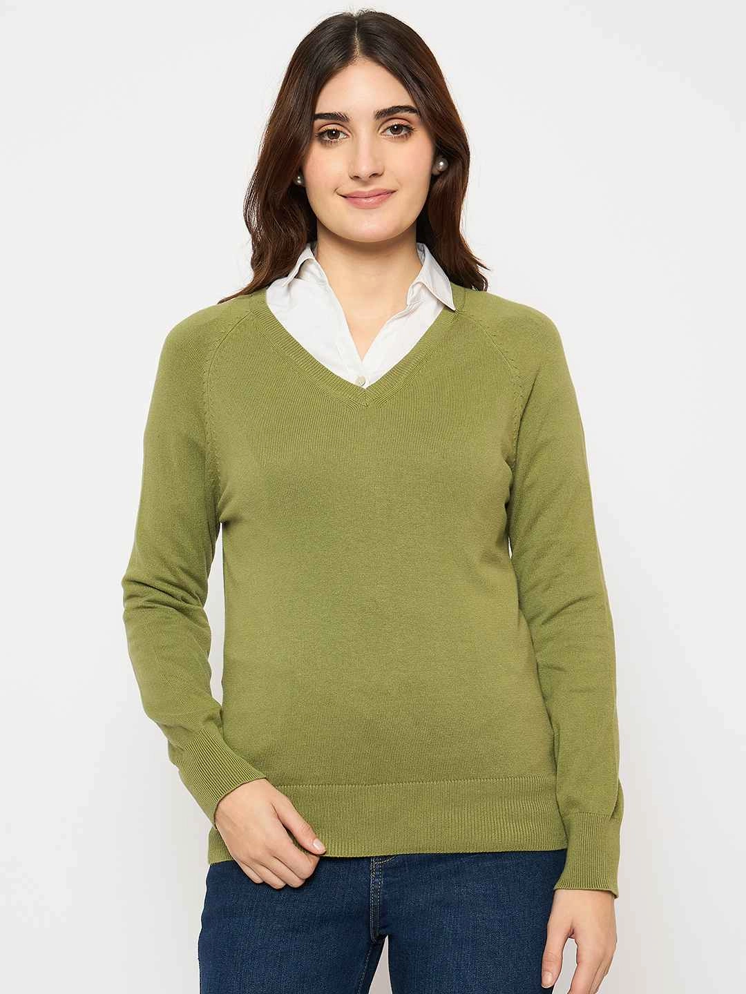 Madame V Neck Skinny Fit Olive Sweater Breathable Layer Wear Comfort Layer