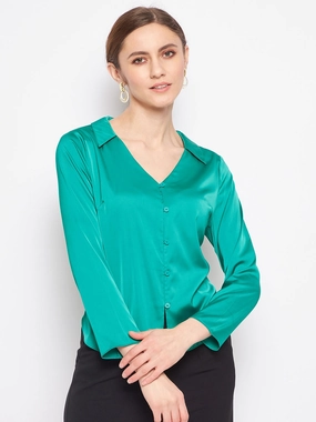 Odor Resistant Madame V-Neck Solid Green Satin Shirt