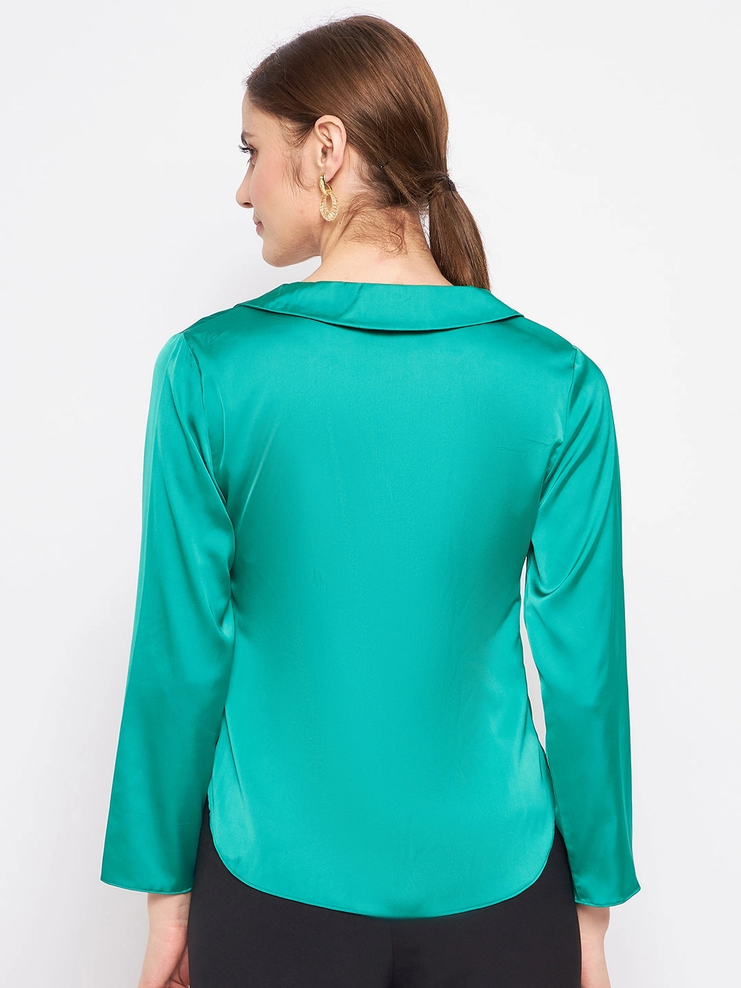 Madame V-Neck Solid Green Satin Shirt Cozy Option
