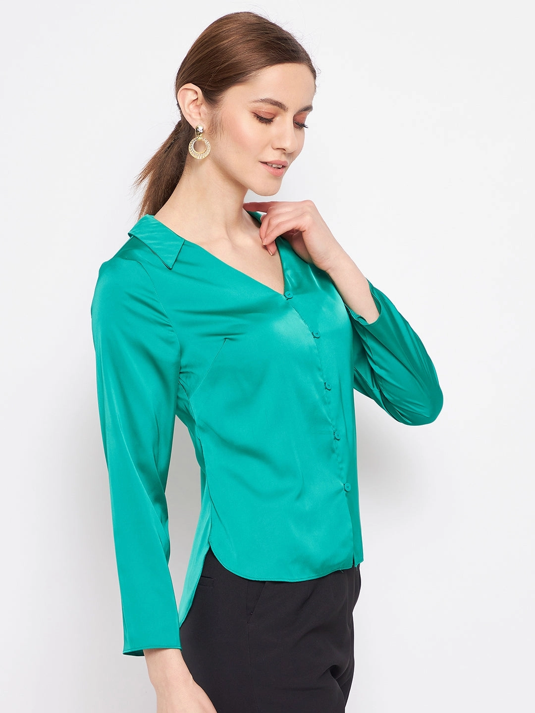 Madame V-Neck Solid Green Satin Shirt birthday celebration Minimalist Style