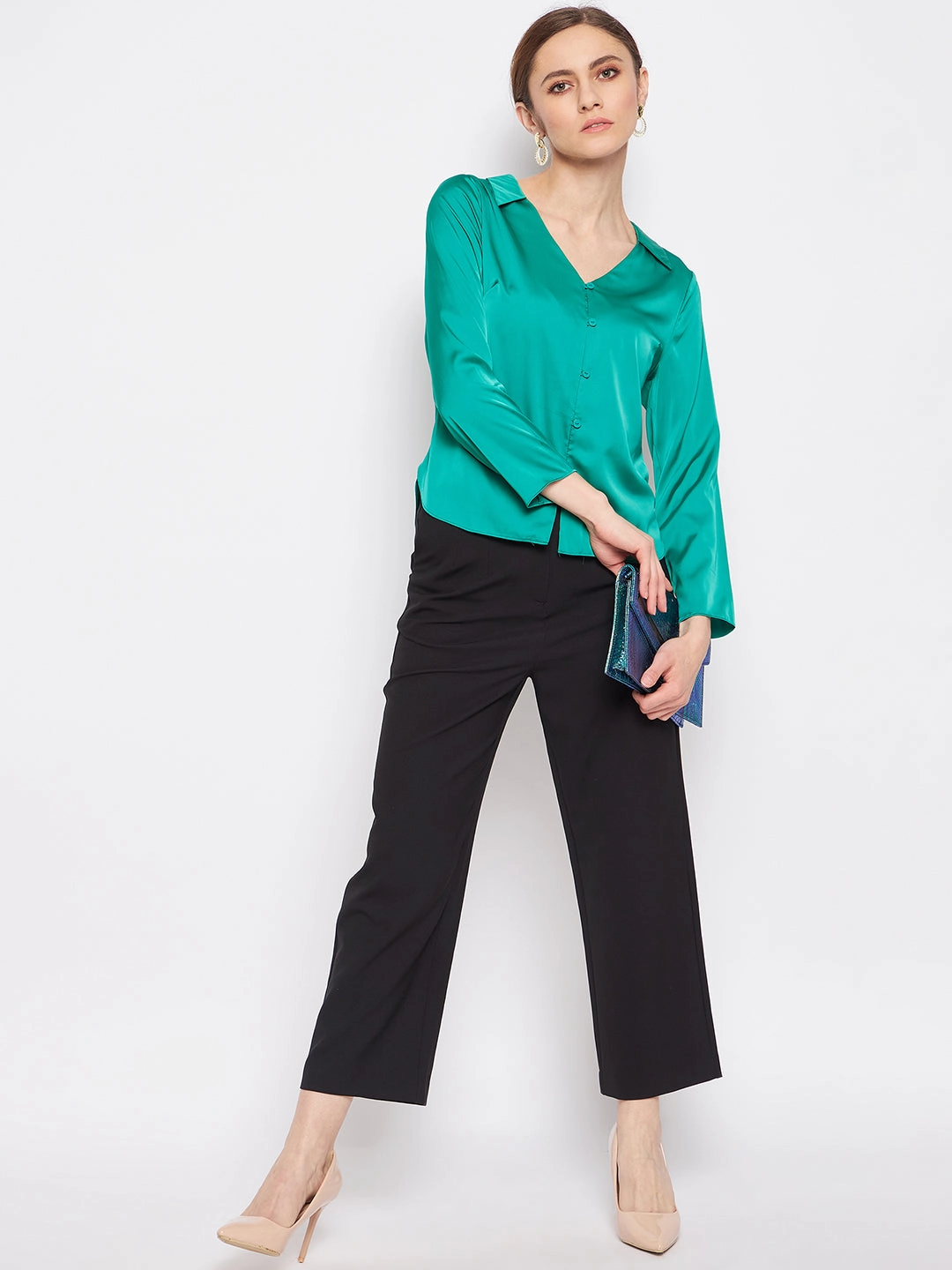 Madame V-Neck Solid Green Satin Shirt Friends Meetup
