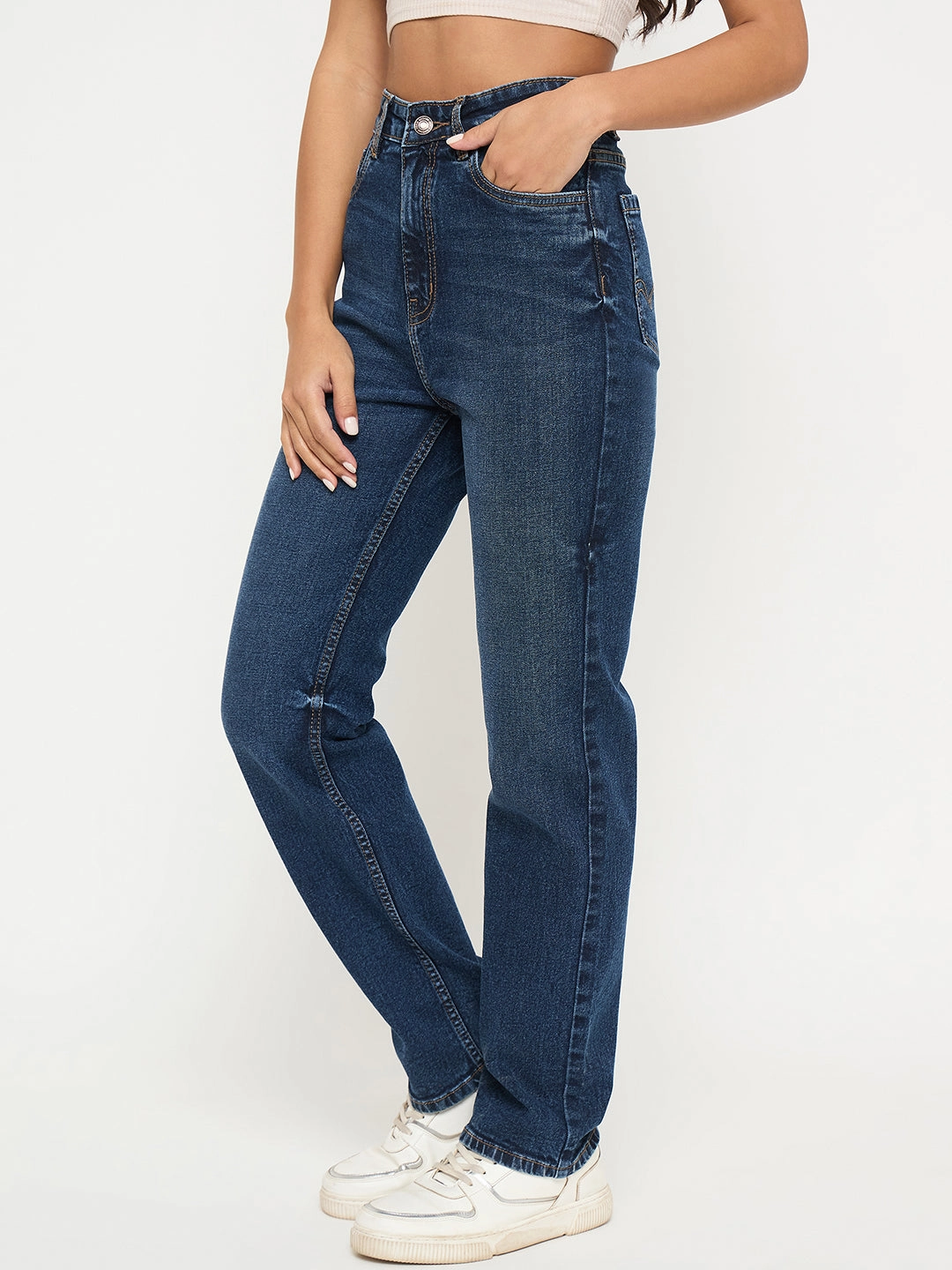 Textured Yarn Blends Style Essential Madame Whiskered Dark Blue Cotton Blend Straight Jeans