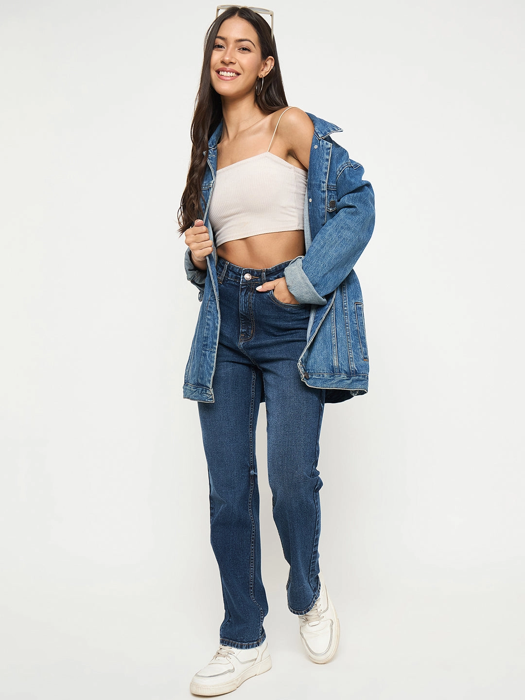 Non Irritating Inner Lining Madame Whiskered Dark Blue Cotton Blend Straight Jeans