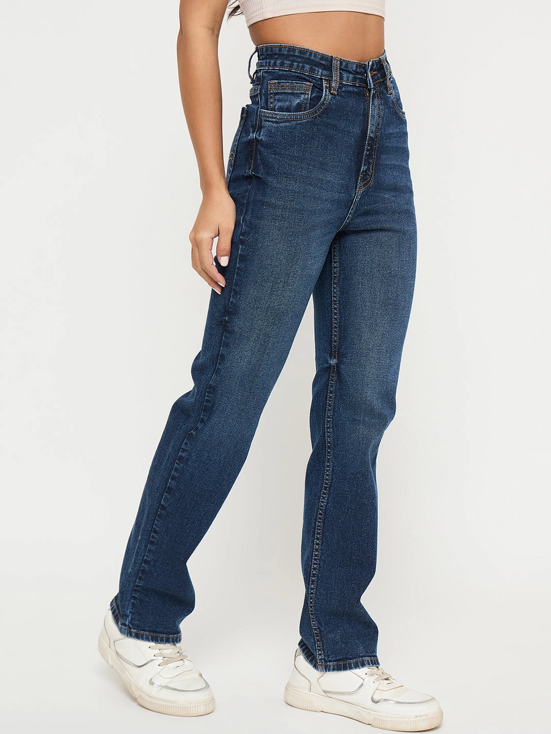 Madame Whiskered Dark Blue Cotton Blend Straight Jeans Smart Design