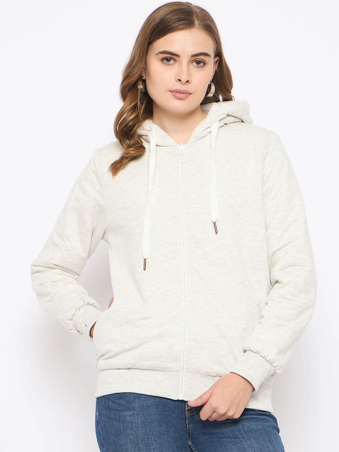 Water-Repellent Finish Madame White Fleece Hooded Sweatshirt