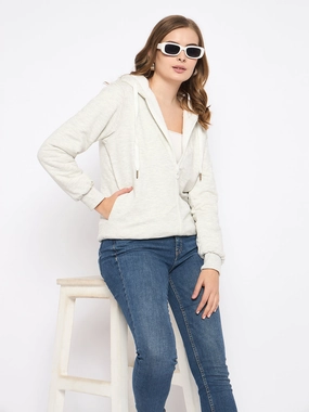 Warm Comfort Active Wear Look Madame White Fleece Hooded Sweatshirt